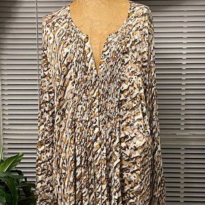 NWT $68 Brown Print TRIBAL Pintuck Blouse 3X